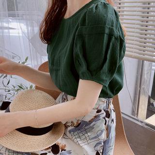 Puff-sleeve Zip-back Linen Top