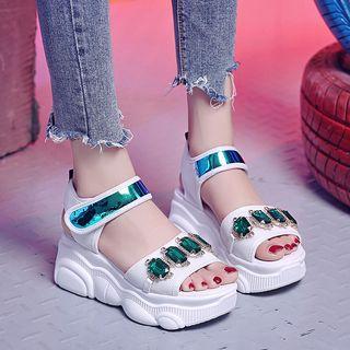 Rhinestone Accent Hook & Loop Platform Wedge Sandals