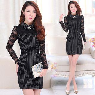 Lace Panel Pinstriped Collared Dress