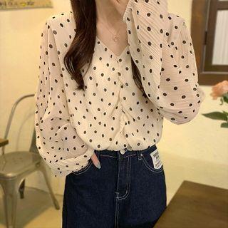 Balloon-sleeve V-neck Dotted Blouse