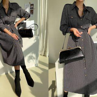 Wide-cuff Patterned Maxi Shirtdress With Sash Black - One Size