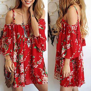 Floral Print Off-shoulder Strap Chiffon Dress