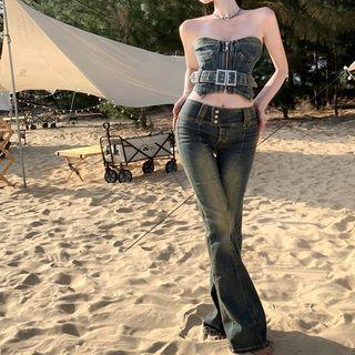 Zip-up Denim Tube Top / Low-rise Flared Jeans