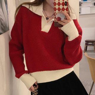 Open Collar Contrast Trim Sweater Red - One Size