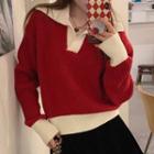 Open Collar Contrast Trim Sweater Red - One Size