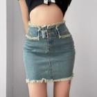 Butterfly Embroidered Denim Mini Pencil Skirt