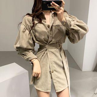 Lantern-sleeve Corduroy Mini Shirtdress