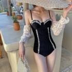 Two-tone Cold-shoulder Bell-sleeve Swimsuit