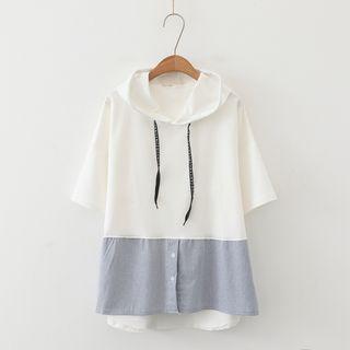 Mock Two-piece Elbow-sleeve Paneled Hoodie