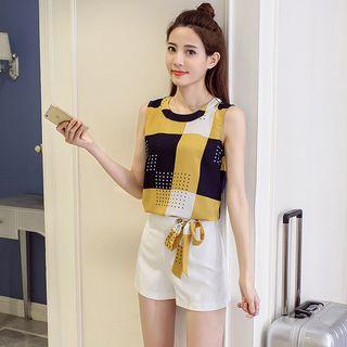 Set: Plaid Sleeveless Chiffon Top + Shorts