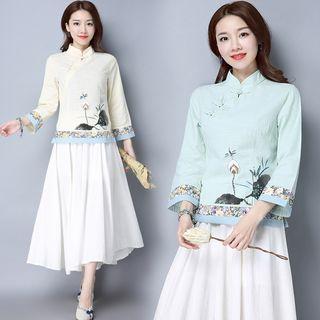 Stand-collar Long-sleeve Linen Cotton Top