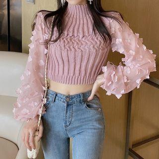 Mock-turtleneck Chiffon-sleeve Cropped Sweater