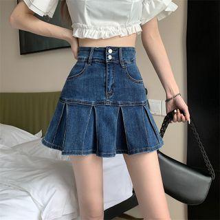 High-waist Accordion Pleat Denim Mini Skirt