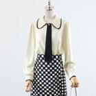 Puff-sleeve Blouse / Checker Print Midi A-line Skirt