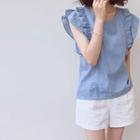 Frilled-sleeve Denim Top Blue - One Size
