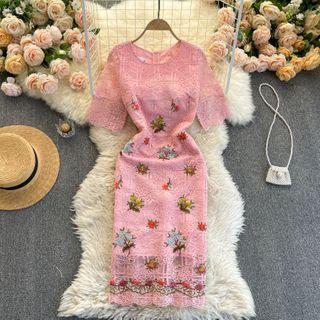 Floral Embroidered Lace Midi Bodycon Dress