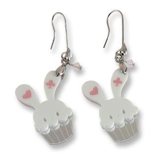Sweet White Bunny Cupcake Of Heart Swarovski Crystal Dangle Earrings