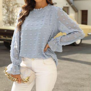 Ruffle-trim Mesh Long-sleeve Top