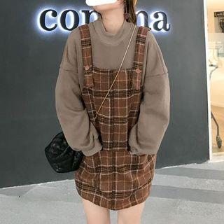 Set: Plain Pullover + Plaid Jumper Dress