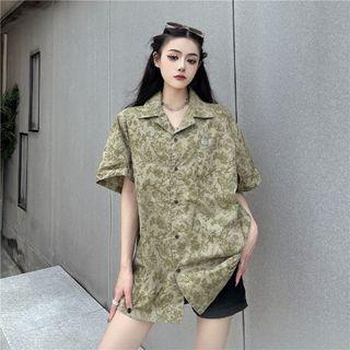 Short-sleeve Notch Lapel Floral Print Oversized Shirt