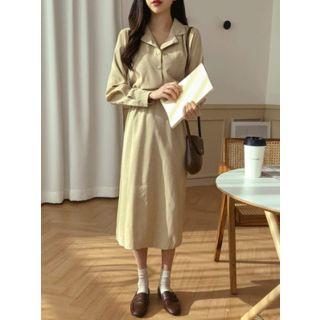 Half-placket Gathered-waist Midi Shirtdress
