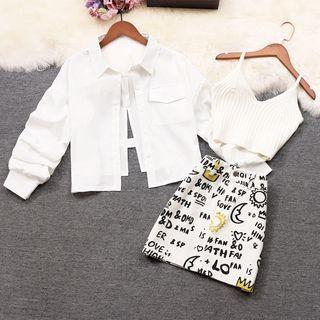 Set: Ribbed Crop Knit Camisole Top + Crescent Print A-line Skirt + Open-back Shirt Jacket