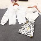 Set: Ribbed Crop Knit Camisole Top + Crescent Print A-line Skirt + Open-back Shirt Jacket