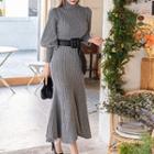 Puff-sleeve High-neck Knit Dress