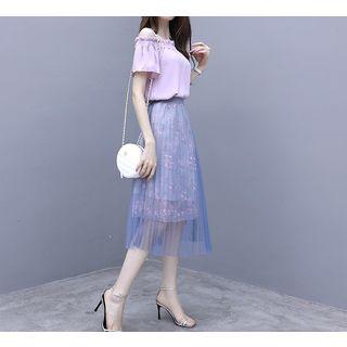 Set: Short-sleeve Frill Trim Cold Shoulder Top + Mesh A-line Midi Skirt