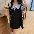 Short-sleeve Plain Collar Blouse / Mini Overall Dress