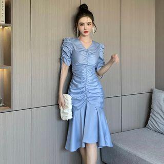 Short-sleeve Drawstring Ruffle Hem Sheath Dress