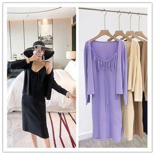 Set: Cardigan + Spaghetti Strap Midi A-line Dress