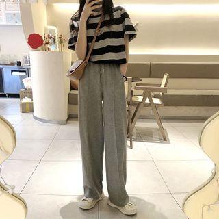 Short-sleeve Heart Embroidered Striped T-shirt / Wide Leg Pants / Set