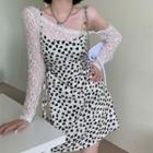 Spaghetti Strap Heart Print Drawstring Mini A-line Dress / Long-sleeve One-shoulder Lace Top