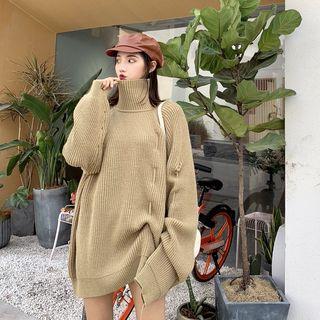 Plain Turtle-neck Loose-fit Sweater Khaki - One Size