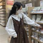Embroidered Corduroy Midi A-line Overall Dress / Plain Blouse