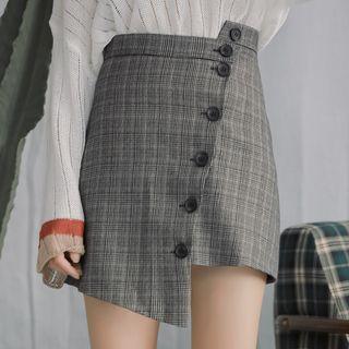 Asymmetric Buttoned Plaid Pencil Skirt