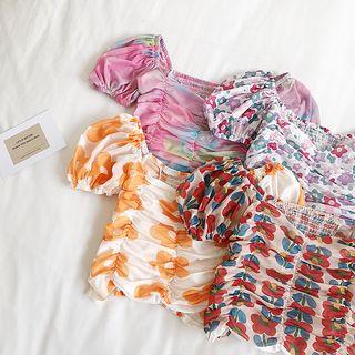 Puff-sleeve Shirred Patterned Cropped Chiffon Top
