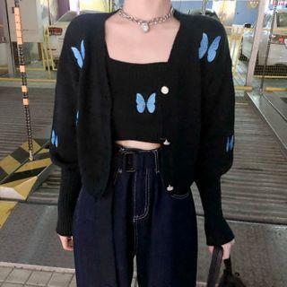 Butterfly Embroider Cropped Knit Camisole / Embroidered Knit Cardigan