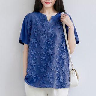 Short-sleeve Floral Embroidered Lace Panel T-shirt