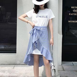 Set: Lettering Short-sleeve T-shirt Dress + Ruffle Hem Striped A-line Skirt