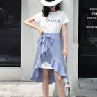 Set: Lettering Short-sleeve T-shirt Dress + Ruffle Hem Striped A-line Skirt