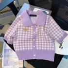 Short-sleeve Collared Plaid Knit Top Purple - One Size