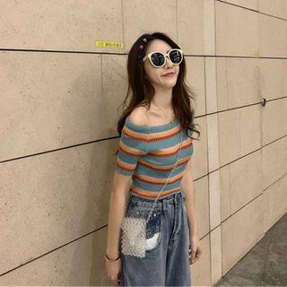 Off-shoulder Striped Knit Top Stripe - Multicolor - One Size