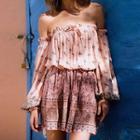 Off-shoulder Long-sleeve Floral Panel Mini Dress