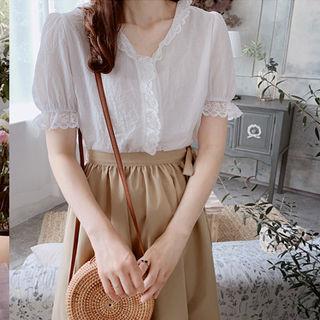 Puff-sleeve Lace-detail Blouse Ivory - One Size