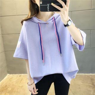 Elbow-sleeve Contrast Drawstring Hoodie