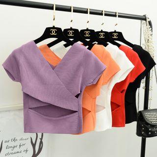 V-neck Cutout Short-sleeve Rib-knit Top