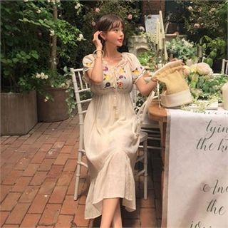 Flower-embroidered Textured Long Dress