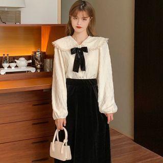 Long-sleeve Peter Pan-collar Embossed Blouse / Velvet Midi Skirt